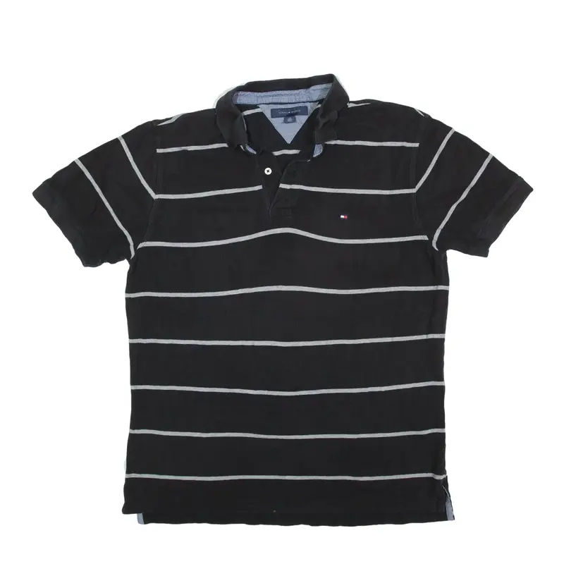 TOMMY HILFIGER Polo Shirt Black Striped Short Sleeve Mens L