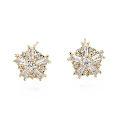 Clear Cubic Zirconia Snowflake Stud Earrings with Glass