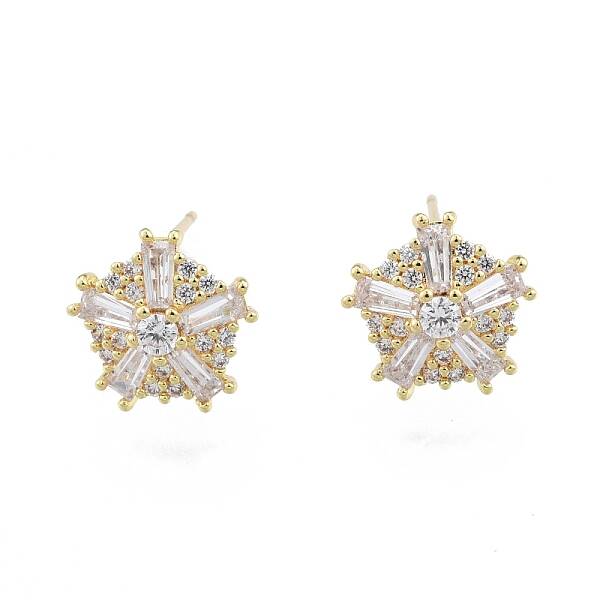 Clear Cubic Zirconia Snowflake Stud Earrings with Glass