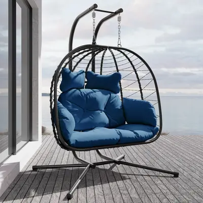 【FallFreshness】RIWENGO Double Egg Swing Chair with Stand- 600/700 lbs Weight Capacity, Outdoor Indoor Wicker Rattan Hangi...