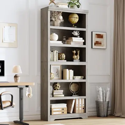 Garvee 6 Tier Bookshelf, 75 Tall Farmhouse Bookcase with Adjustable Shelves, 31.5 W Floor Standing Open Display Storage Rac...