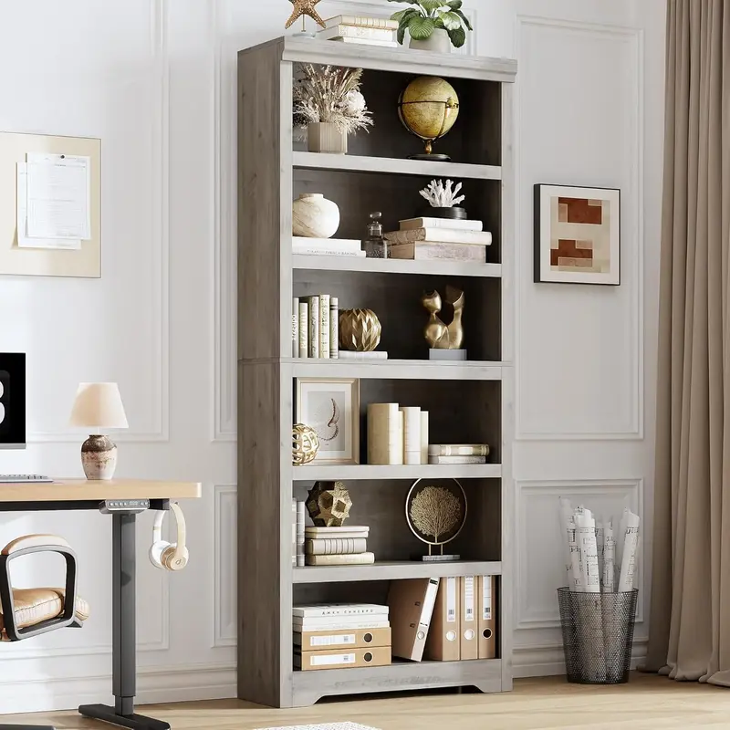 Garvee 6 Tier Bookshelf, 75 Tall Farmhouse Bookcase with Adjustable Shelves, 31.5 W Floor Standing Open Display Storage Rac...