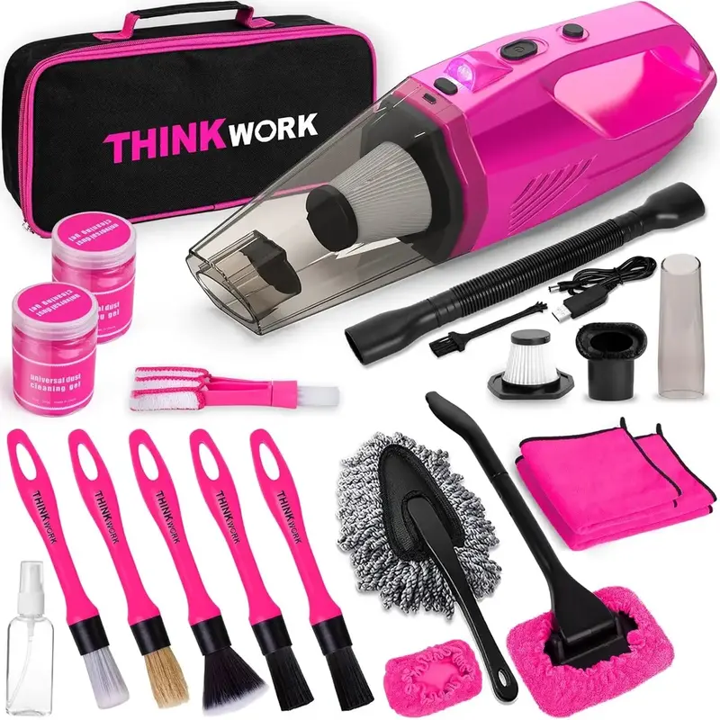 THINKWORK Car Detailing Kit Interior Cleaner, Car Cleaning Kit with 8000PA Cordless Pink Handheld Vacuum Cleaner, Gift for Wo...
