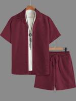 Two-piece Set Men's Solid Color  Button Top & Drawstring Waist Shorts Set, Regular Fit Casual Short Sleeve   Top & Pocket Sho...