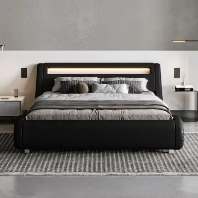 Allewie Full/Queen/King LED Platform Bed Frame with Adjustable Headboard - 【Frame Only No Mattress】Faux Leather Upholster...