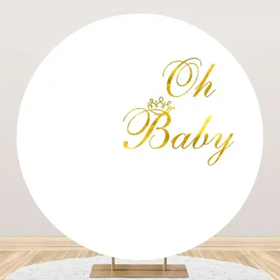 Gold Oh Baby White Round Backdrop For Gender Reveal - Aperturee