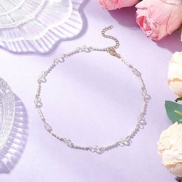 Transparent Glass & Round Shell Pearl Beaded Necklaces