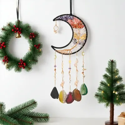 Colorful Moon Dreamcatcher Wall Hanging, Artificial Crystal Home Decor, Indoor Outdoor Decoration, Ideal Christmas New Year G...