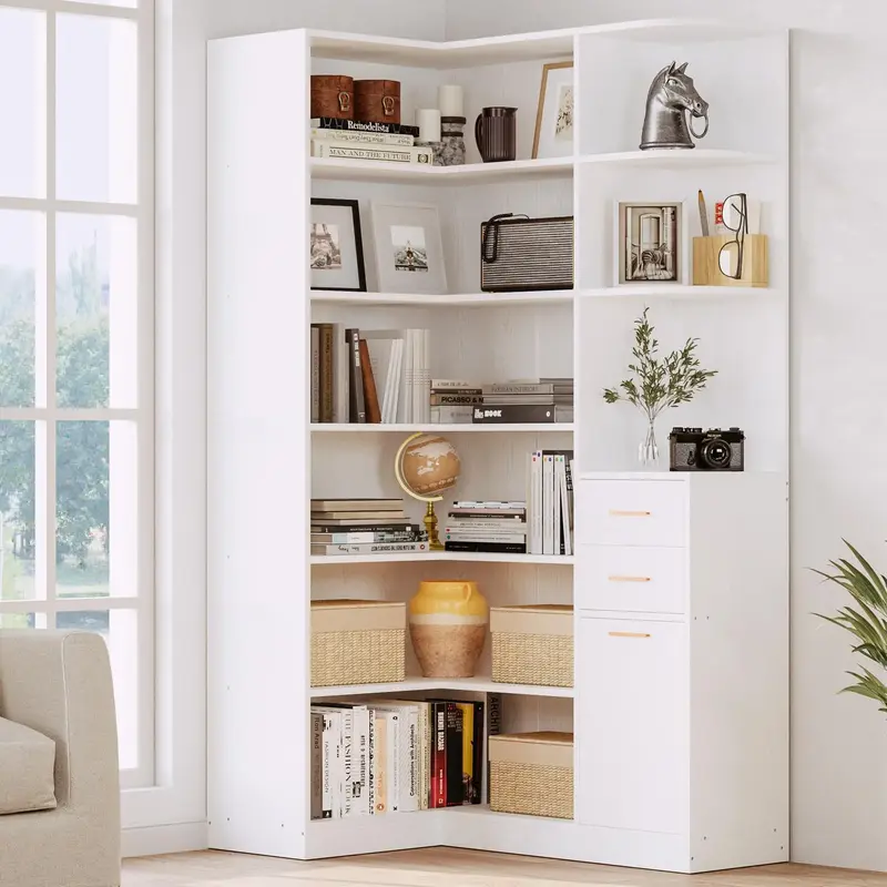 IRONCK Modern Corner Bookshelf with 2 Drawers & 10 Open Shelves, 76.8\