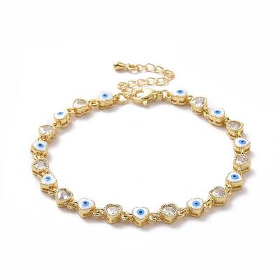 Enamel Evil Eye & Cubic Zirconia Heart Link Chain Bracelet