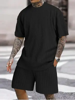 Men's Solid Textured Drop Shoulder Tee & Drawstring Waist Shorts Set, Regular Fit Casual Fashion Cozy Knit Top & Pocket Short...