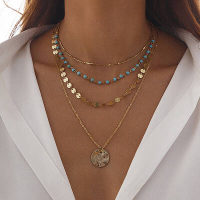 Bohemian Iron & Brass & Alloy & Synthetic Turquoise Disc Pendant Multi-Layered Necklaces for Women