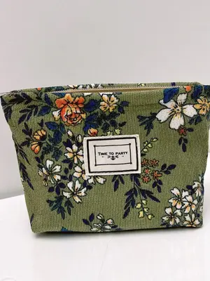 Vintage Floral Print Corduroy Makeup Bag, Casual Versatile Zipper Makeup Organizer Pouch for Women & Girls, Portable Travel C...