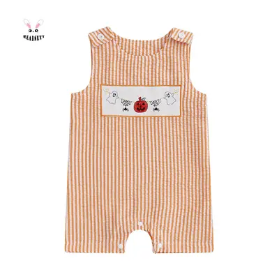 Baby Girl Pumpkin Embroidery Jumpsuit Halloween Sleeveless Round Neck Sweet Plaid Romper