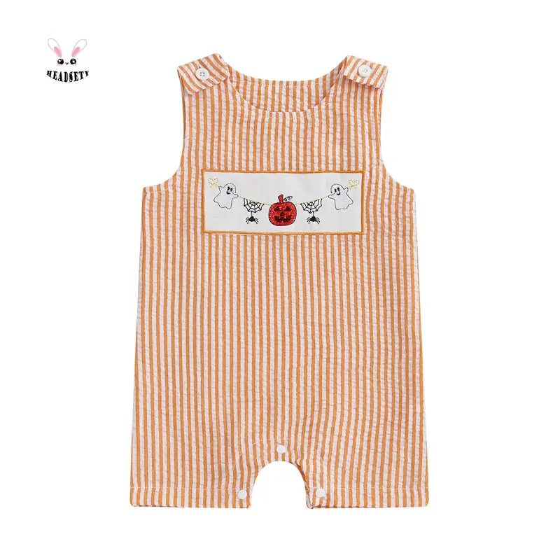 Baby Girl Pumpkin Embroidery Jumpsuit Halloween Sleeveless Round Neck Sweet Plaid Romper