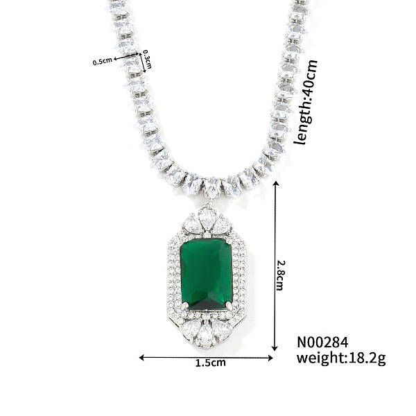 Luxury Hip-hop Style Brass Cubic Zirconia Rectangle Pendant Necklace