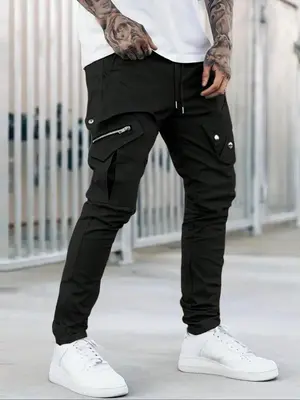 Men's Plain Zipper Flap Pocket Drawstring Waist Jogger Pants, Loose Street Trousers for Spring & Fall, Summer Outfits 2024 f...