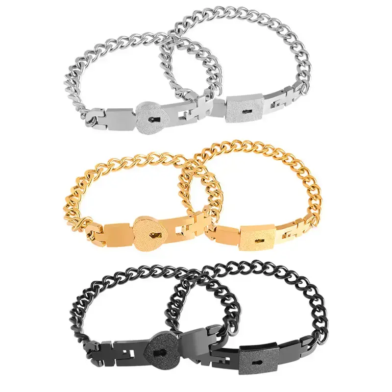 ORPHIC 2Pcs Lover Heart Love Lock Couple Bracelet with Lock Key Bangles Kit Couple Jewelry Gift