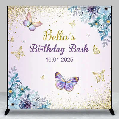 Blue Flowers Butterflies Custom Birthday Backdrop