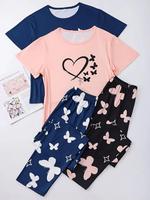 Women's Butterfly Print Tee & Pants Pyjama Two-piece Set, Casual Comfy Round Neck Short Sleeve T-shirt & Trousers PJ Set, Lad...