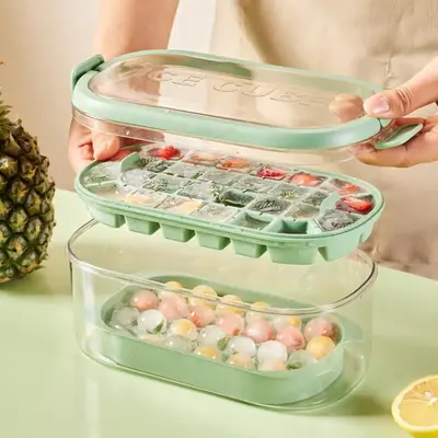 Ice Cube Tray Lid & Bin, 1 Count Handle Design Ice Tray, East to Release Ice Ball Making Mold