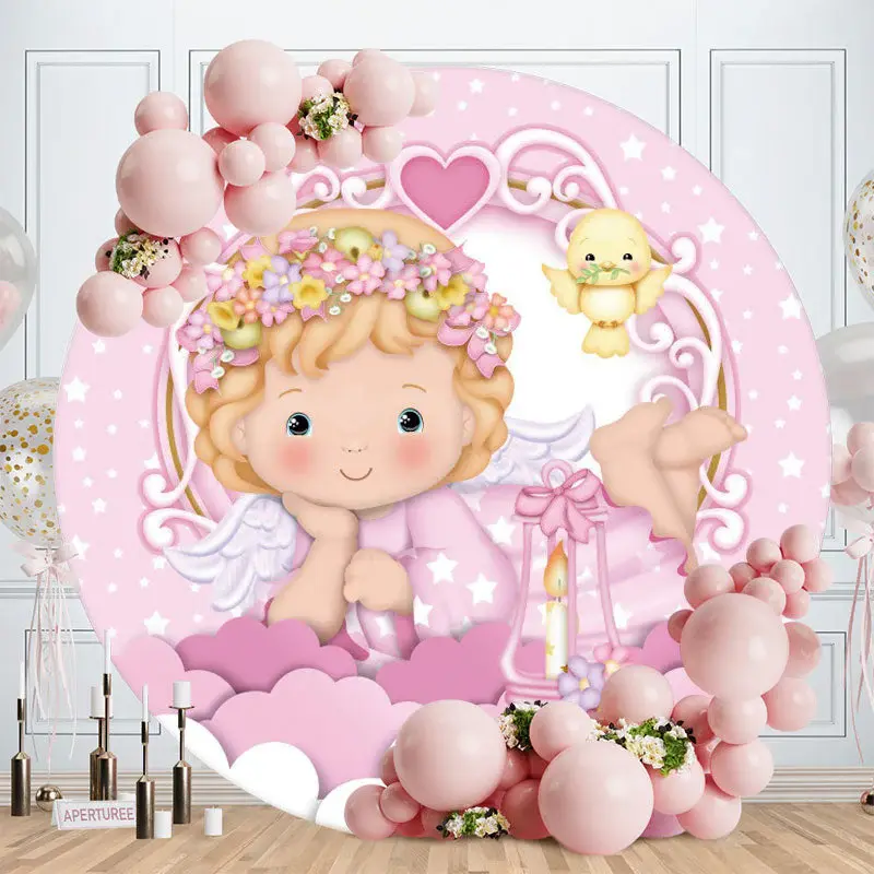 Aperturee Bird And Pink Girl Circle Baby Shower Backdrop
