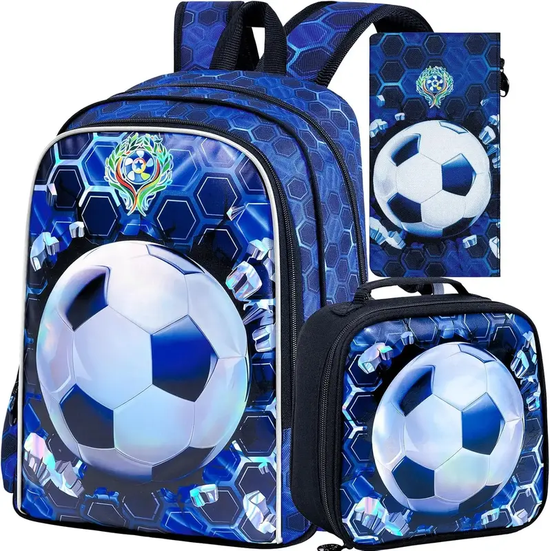 3PCS Football Backpack for Boys, 16'' Kids Soccer Bookbag with Lunch Box, Water Resistant School Backpacks for Preschool Elem...