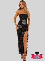 Women's Floral Print Contrast Lace Split Thigh Bodycon Tube Dress, Lady Formal Elegant Fashion Backless Long Dress for Party ...
