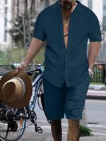 Men's Solid Color Short Sleeve Shirt & Shorts Set, Loose Casual Button Short Sleeve Shirt & Shorts, Two-piece for Summer Beac...