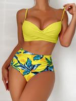 Two-piece Set Women's Plain Top & Bottom Bikinis Set, Comfort Adjustable Spaghetti Strap Twist Push Up Swim Top & High Waist ...