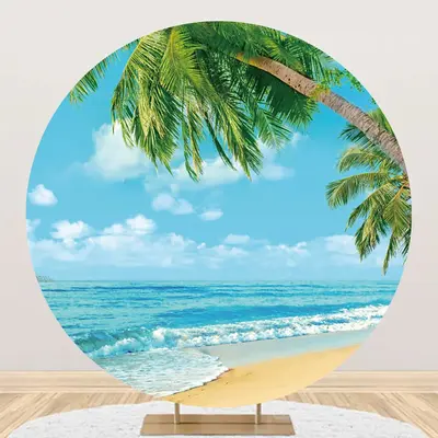 Palm Tree Sandy Hawaii Beach Round Birthday Backdrop