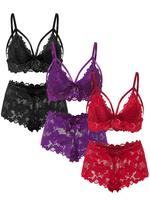 Women's Plus Size Cut Out Push Up Spaghetti Strap Floral Lace Bra & Bow Front Sheer Panty Set, Adjustable Strap Lingerie Set,...