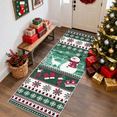 Garvee Christmas Runner Rug 2x6 Green Polyester Fibre with Non Slip TPR Backing, Washable, Low Pile, Foldable for Hallway and...