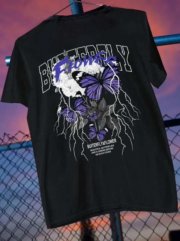 Men's Butterfly Graphic Print Tee, Y2K Trendy Summer Clothes, Regular Fit Casual Short Sleeve T-shirt, Men's Summer Top, Dri...