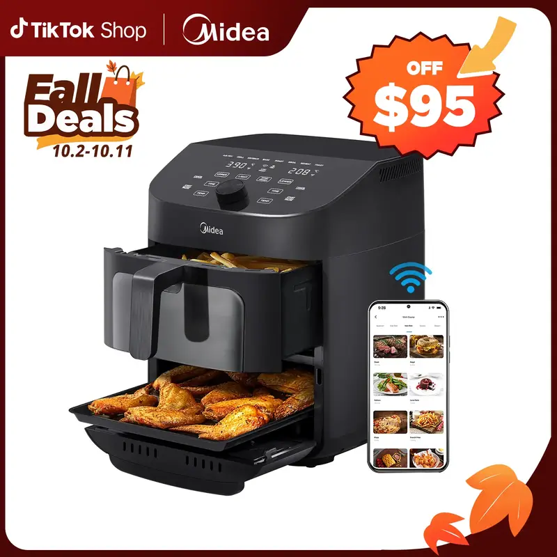 Midea 8 in 1 Dual Air Fryer, 11 Quart with 2 Independent Frying Baskets, Sync Finish, Wi-Fi Connectivity & 50+ App Recipes Fo...