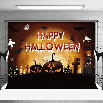 Haunted Happy Halloween Scary Pumpkins Backdrop - Aperturee