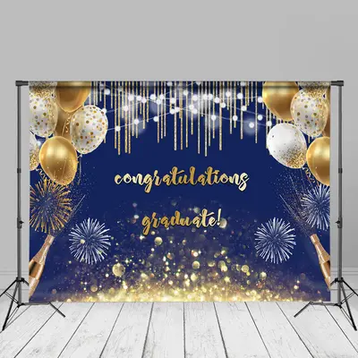 Gold Balloons Bokeh Royal Blue Grad Photo Booth Backdorp - Aperturee