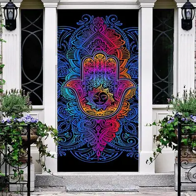 Cool Blue Gradient Mandala Hamasa Hand Door Cover - Aperturee