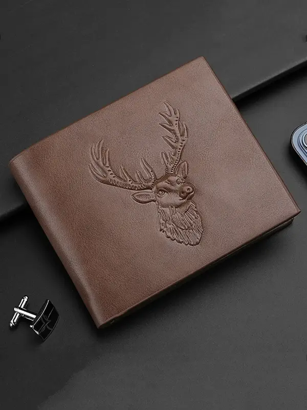 Men's Minimalist Deer Design Short Wallet, Classic Business Style High Quality Pu Leather Card Slot Bifold Wallet for Daily U...