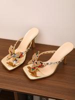Women's Fashionable Rhinestone Decorated High Heel Sandals, Summer Sandals, Elegant Butterfly Design Square Toe Sandals for P...