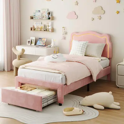 Garvee Kids Upholstered Bed Frame with Drawer, Velvet Princess Platform Twin Bed Frame with Smart LED & Adjustable Headboard,...