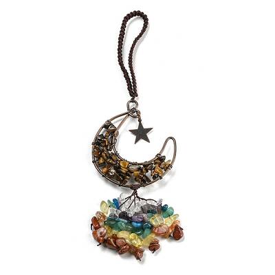 Wire Wrapped Brass Moon & Natural Tiger Eye Pendant Decoration