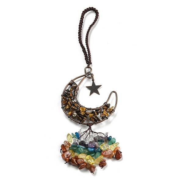 Wire Wrapped Brass Moon & Natural Tiger Eye Pendant Decoration