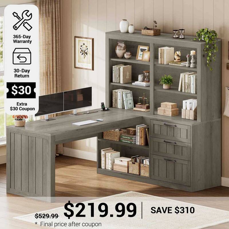 SEDETA 59 Inch Farmhouse Corner Computer Desk Wood Office L Shaped Desk with 3 Drawers 5-Tier Bookshelf Storage Shelves Power...