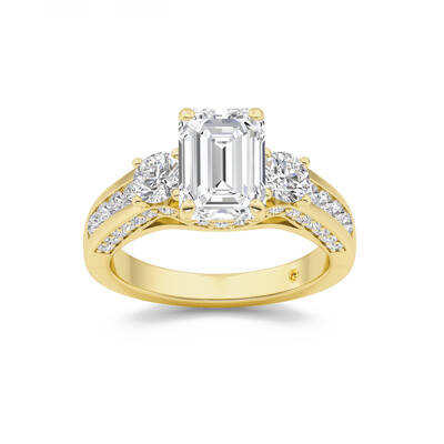 Aarhus Pavé Set Hidden Accent Three Stone Emerald Cut Lab Grown Cathedral Diamond Engagement Ring | 14K Yellow Gold 5 CT. TW...