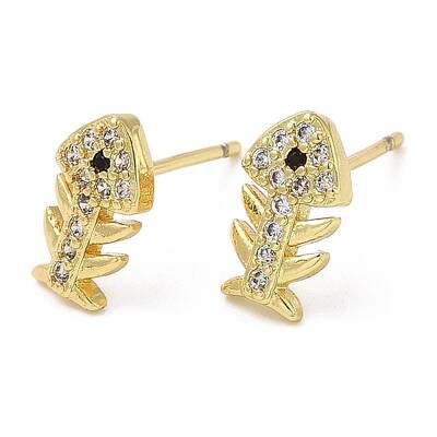 Rack Plating Brass Fishbone Stud Earrings with Cubic Zirconia