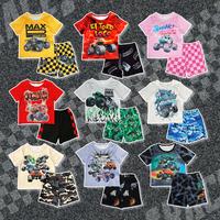 Ready Stock Monster Trucks Outfit For 9m-6y Boys Pattern Print Short Sleeve Casual Tee Elastic Shorts 2Pcs 224050117 Party Ou...
