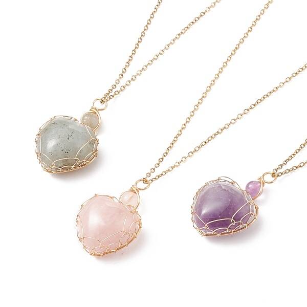 Copper Wire Wrapped Natural Mixed Stone Heart Pendant Necklaces