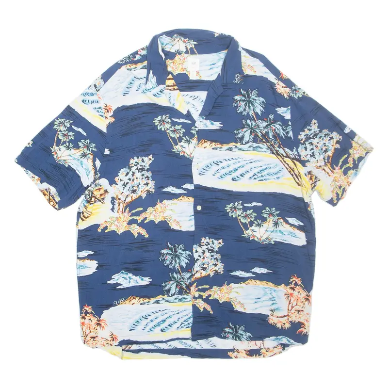 H&M Mens Hawaiian Shirt Blue Viscose Crazy Pattern XL