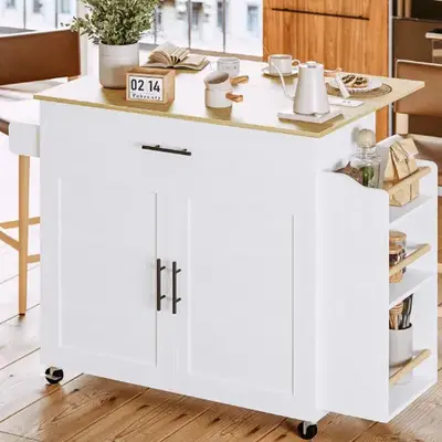 【Flash Sale】IRONCK Kitchen Island with Storage, Rolling Kitchen Island on Wheels with Drop Leaf, Charging Station, 3 Open...